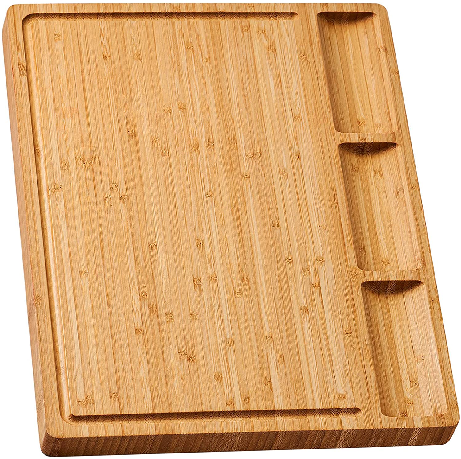 Price:$20.49  Bamboo Wood Cutting Board for Kitchen, Cheese Charcuterie Board with 3 Built-in Compartments and Juice Grooves, Butcher Block (17x12.6"): Home & Kitchen