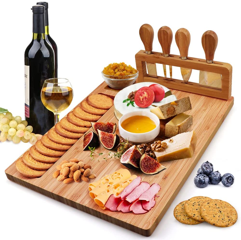 Price:$29.99  Cheese Board Set, Charcuterie Platter and Serving Meat Board Including 4 Stainless Steel Knife and Serving Utensils, Unique Gifts for Christmas Wedding Birthday Anniversary(14''x11''): Cheese Plates