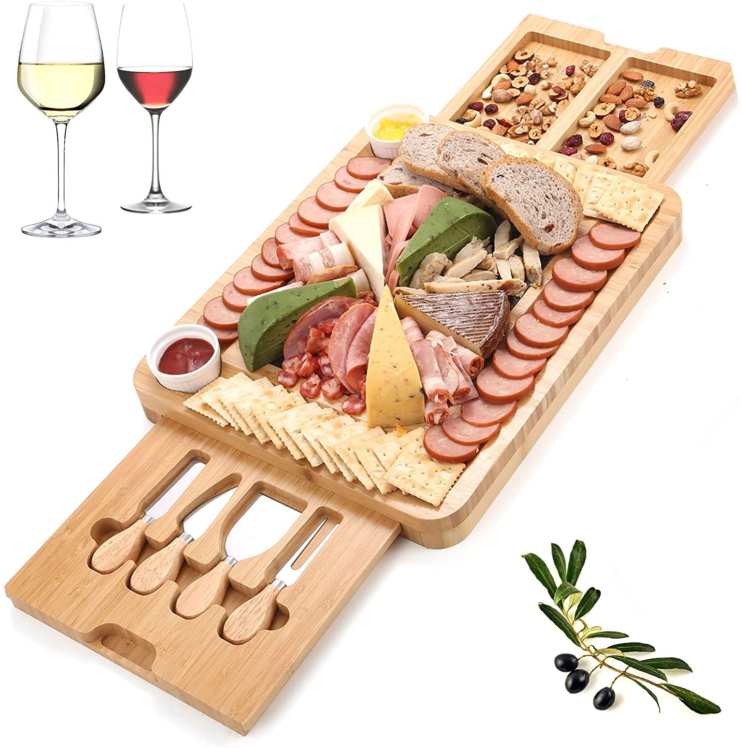 Price:$49.99  Cheese Board and Knife Set - Bamboo Charcuterie Board Meat Charcuttery Platter Serving Tray Extra Large, Gifts for Halloween Thanksgiving Christmas Housewarming Wedding Anniversary: Cheese Plates