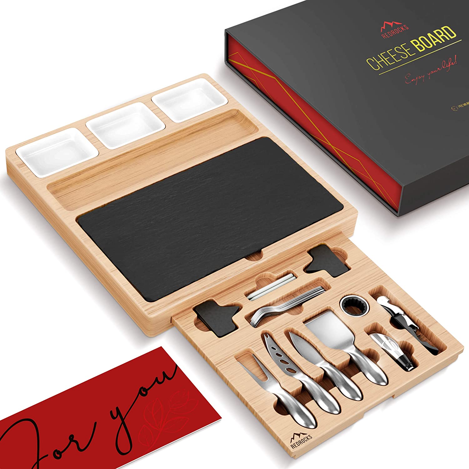 Price:$57.50  Cheese Board and Knife Set with Slate and Hidden Slide-Out Drawer, Durable Hevea Wood, Perfect for Entertaining or Gift Giving: Cheese Plates