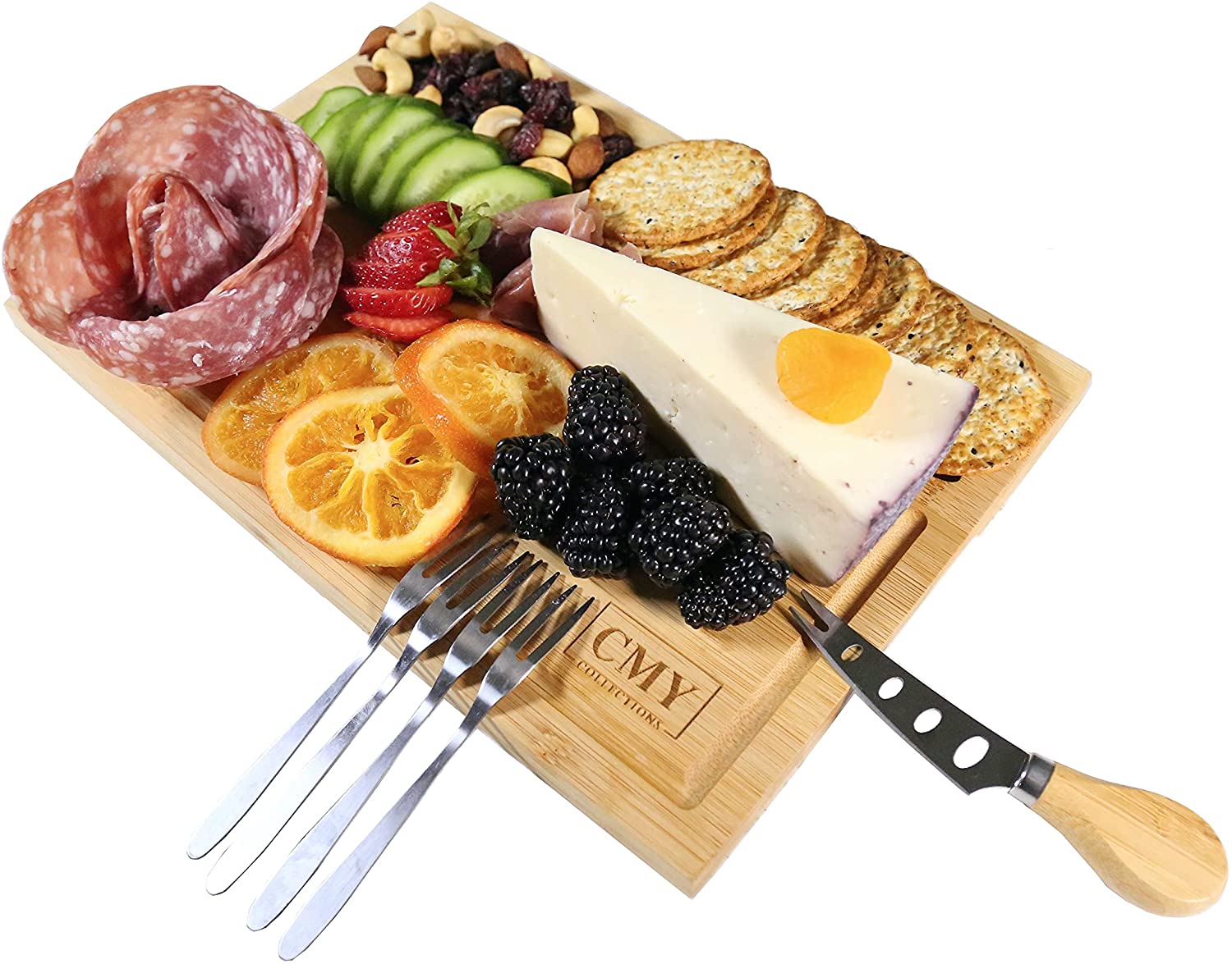 Price:$18.99  COLLECTIONS Charcuterie Board, Bamboo Cheese Board and Knife Set, Cheese Plate, Cheese Platter, Serving Tray - Cutting Board, Chopping Board. Reversible 2-IN-1.: Home & Kitchen