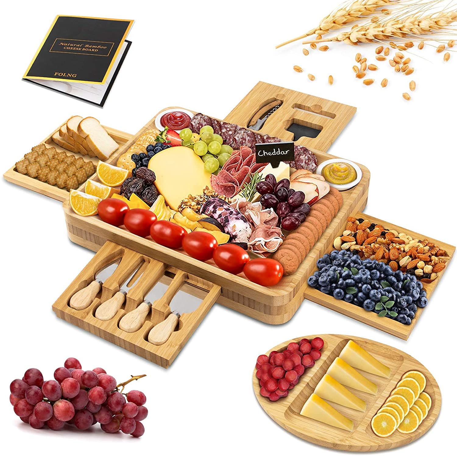 Price:$64.99  Cheese Board and Knife Set, Charcuterie Board Set with 4 Drawer, 2 Sauce Dish Bowls, 1 Tray Large Cheese Serving Platter for Fruit Cheese and Meat, Housewarming Gifts (15 pcs): Cheese Plates