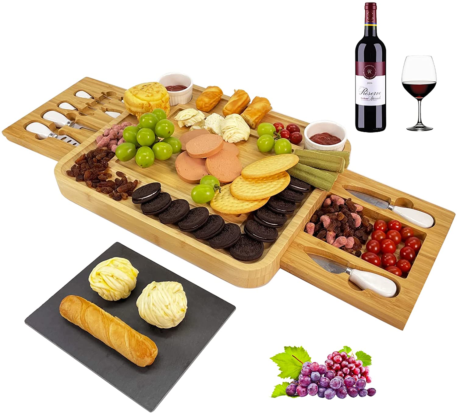 Price:$44.99  Cheese Board and Knife Set Bamboo Charcuterie Boards Cheese Serving Board With Slate Plate Wooden Cheese Platter Set,Cheese Tray, Gifts for Christmas, Birthday, Housewarming, Wedding: Cheese Plates