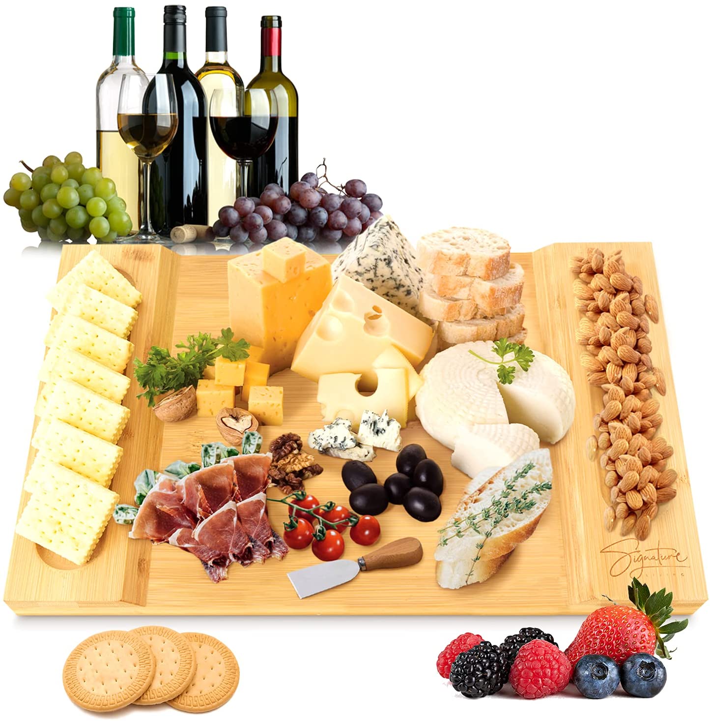 Price:$21.99  Living Large Bamboo Cheese Board Charcuterie Board (16" x 10" x 1.2") Beautiful Serving Platter for Cheese, Crackers, Meat, Fruit - Durable Wooden Charcuterie Serving Board: Cheese Servers