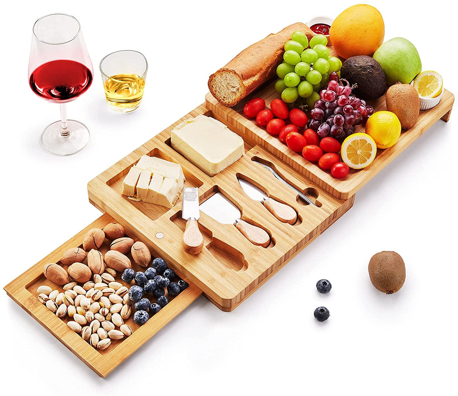 Price:$38.99  Board and Knife Set - Bamboo Charcuterie Boards Set, Extra Large  Platter Serving Tray, Magnetic 2 Hidden Slide-Out Drawers - Ideal Gifts for Housewarming,Wedding,Bridal Shower,Birthday:  Plates