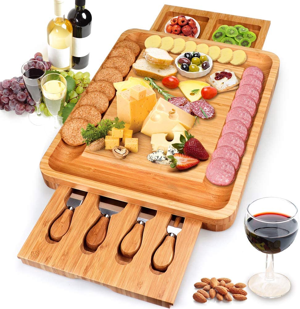 Price:$40.99  Cheese Board and Knife Set,Cheese Servers with Hidden Drawer,Charcuterie Platter and Cheese Serving Tray for Wine, Crackers,Brie and Meat: Cheese Plates