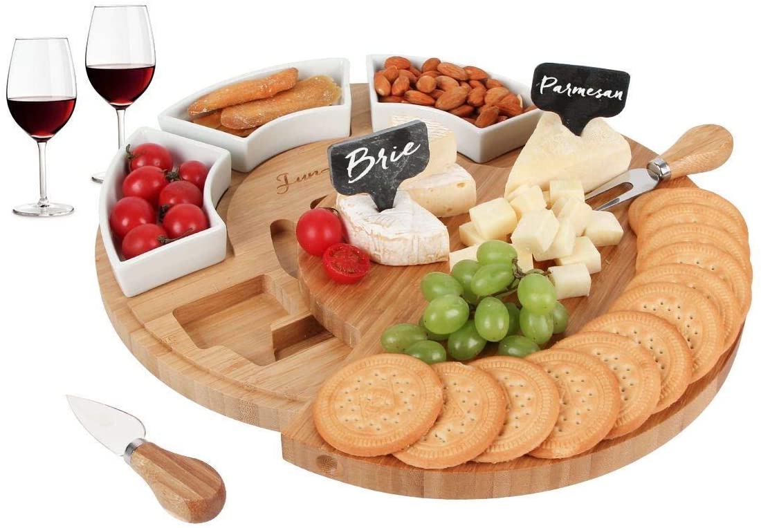 Price:$39.99  Bamboo Cheese Board Set – Serving Tray and Cheese Serving Platter. Cheese Board and Knife Set for Cracker and Brie. Large Charcuterie Board Set and Cheese Tray for Housewarming Gift (Round): Cheese Plates