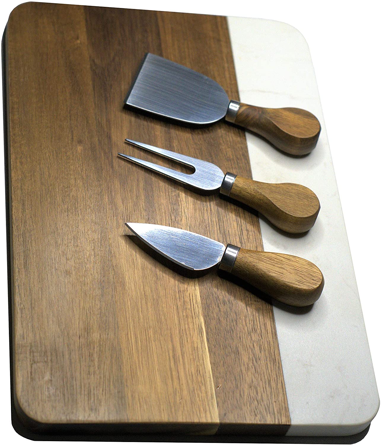 Price:$32.99  Marble & Acacia Wooden Cheese Board - Includes 3 Piece Cheese Utensil Set - 12x8 Charcuterie Platter: Cheese Plates