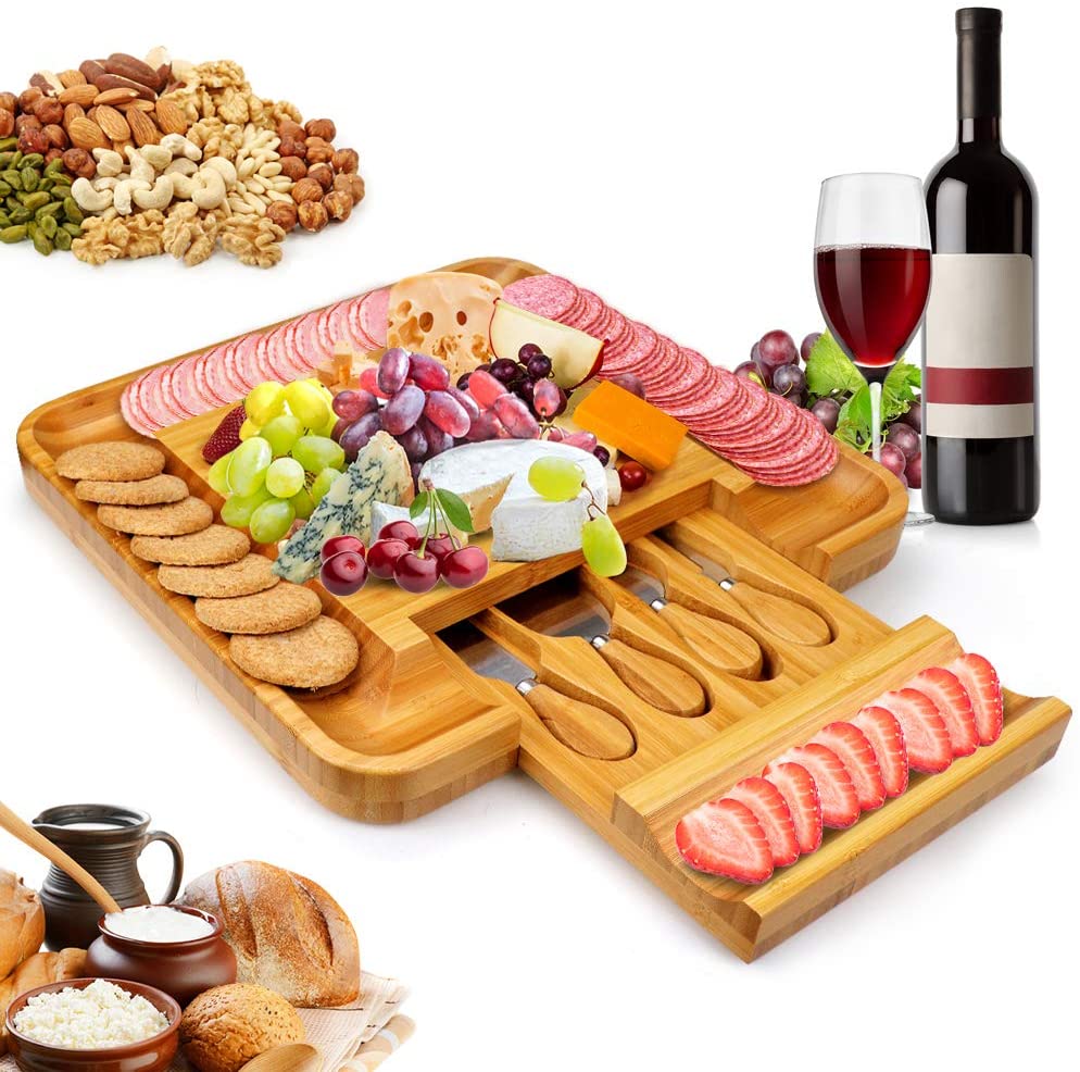 Price:$30.99  Cheese Board Set With Cutlery In Slide-Out Drawer, Charcuterie Platter and Serving Meat Board, Cheese Tray, Unique Gifts for Christmas Wedding Birthday Anniversary: Cheese Plates