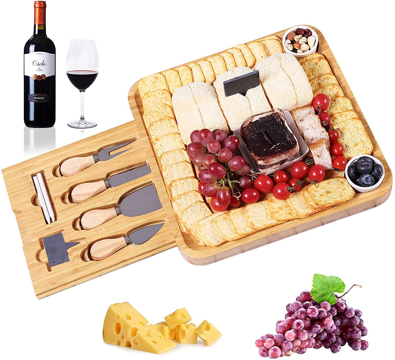 Price:$27.96  Cheese Board and Cutlery Platter Set,Bamboo Charcuterie Board With Slide-Out Drawer, Marker ,Slate Labels For Wine, Cheese, Meat，Crackers: Cheese Plates