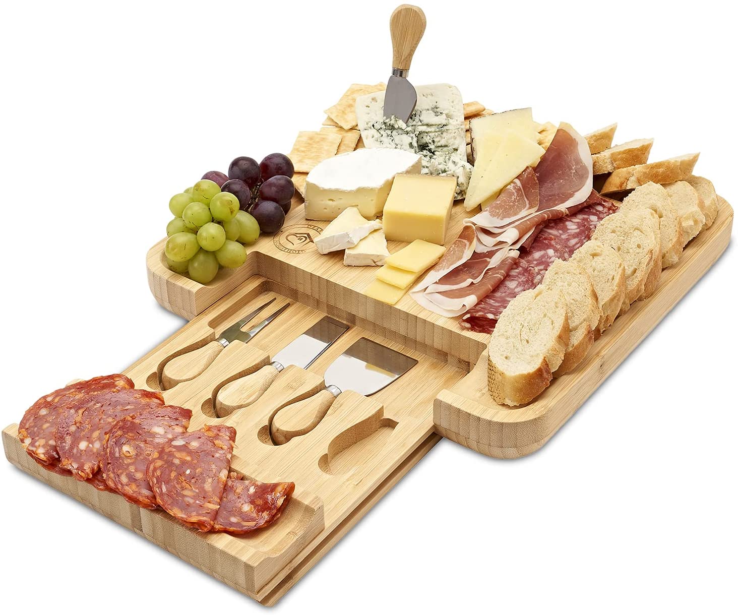 Price:$44.99  Bamboo Cheese Board And Knife Set - Charcuterie Board With Knives - Deep Grooves & Hidden Drawer For Stainless Steel Cutlery - Wine Cheese Board Set - An Elegant Gift Idea: Cheese Plates