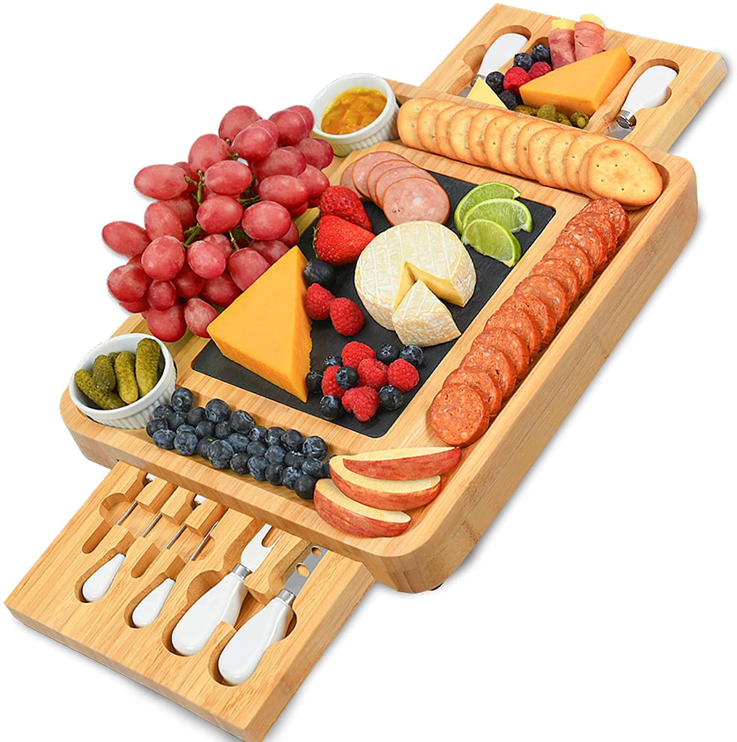 Price:$44.99  Cheese Board and Knife Set Bamboo Charcuterie Boards Serving Platter with Slate Plate -Cheese Platter Board, Cheese Board with Cutlery Set, Cheese Tray, Wooden Cheese Board Set, Cutting Board : Everything Else
