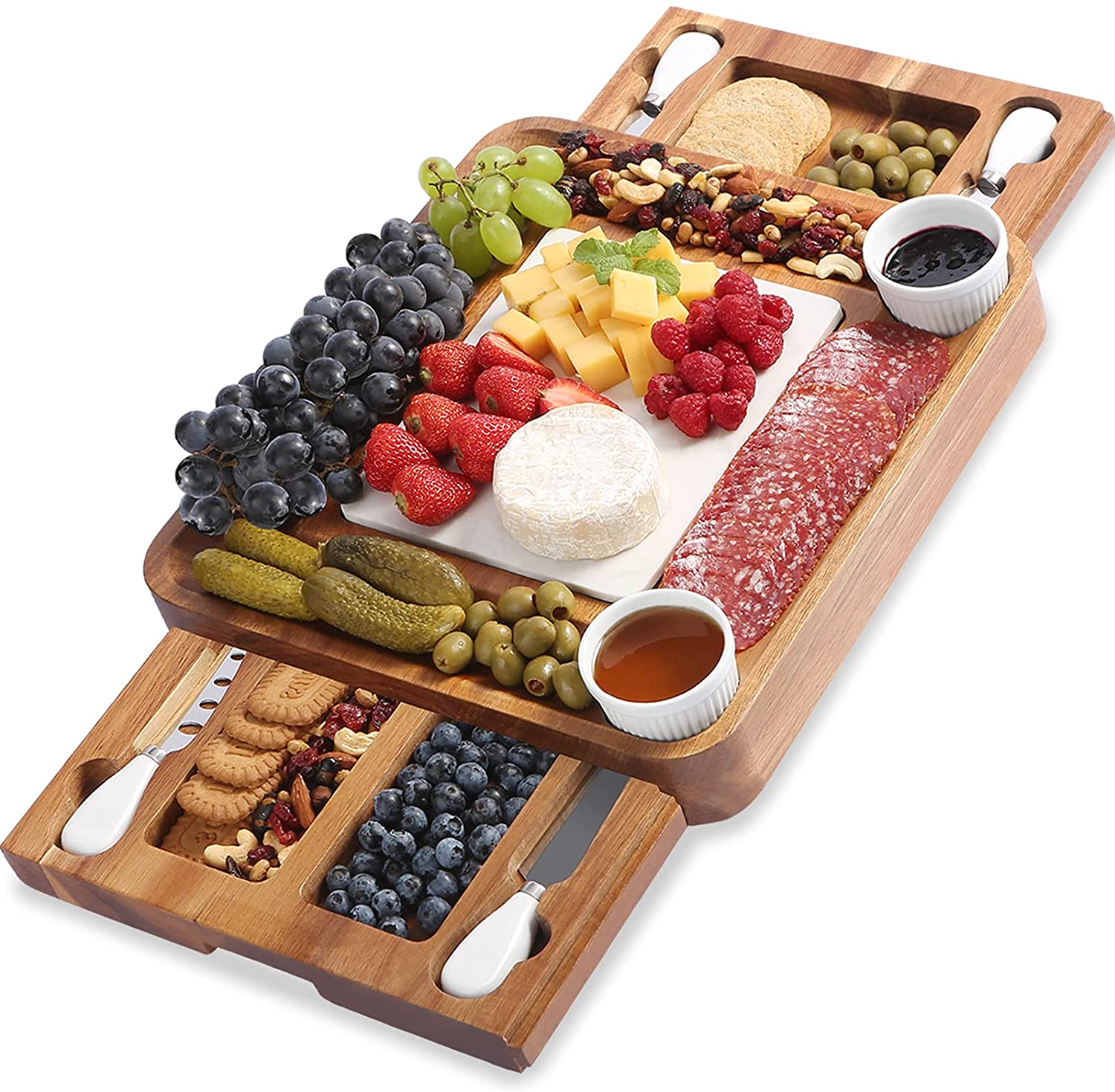 Price:$61.99  Cheese Board and Knife Sets, Acacia Charcuterie Boards Serving Tray with Double Side Marble Slab for Housewarming Party Thanksgiving Birthday Wedding Gifts: Cheese Servers