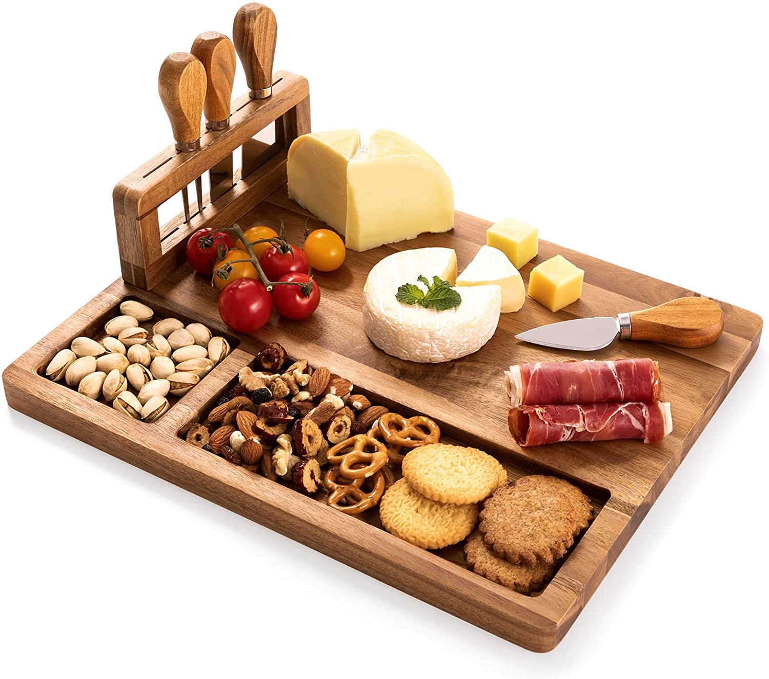 Price:$26.99  Cheese Board & Knife Set Acacia Charcuterie Board 11”x14” Cheese Platter with 4 Stainless Steel Knife, House Warming Gift & Perfect Choice for Christmas Thanksgiving Wedding Charcuterie Platter: Cheese Plates