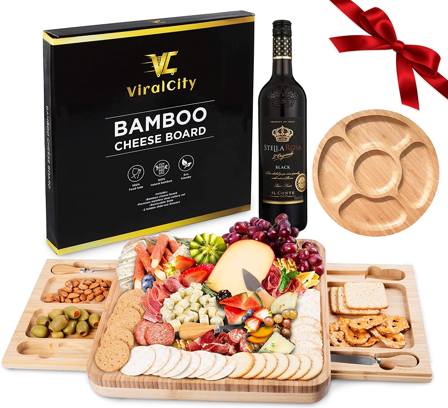 Price:$49.95  Bamboo Cheese Board and Knife Set, Snack Tray Included, 13.8 x 13 x 1.6 Inch Wood Charcuterie Platter for Wine, Cheese, Meat, Large: Cheese Plates