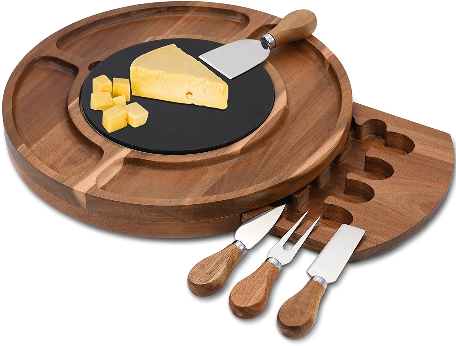 Price:$32.99  Cheese Board Set Charcuterie Boards Acacia Round Platter Serving Tray Charcuttery Meat Platter With Knife Set with Marble Plate Gifts For Mother’s Day Housewarming Christmas Wedding Anniversary: Cheese Servers