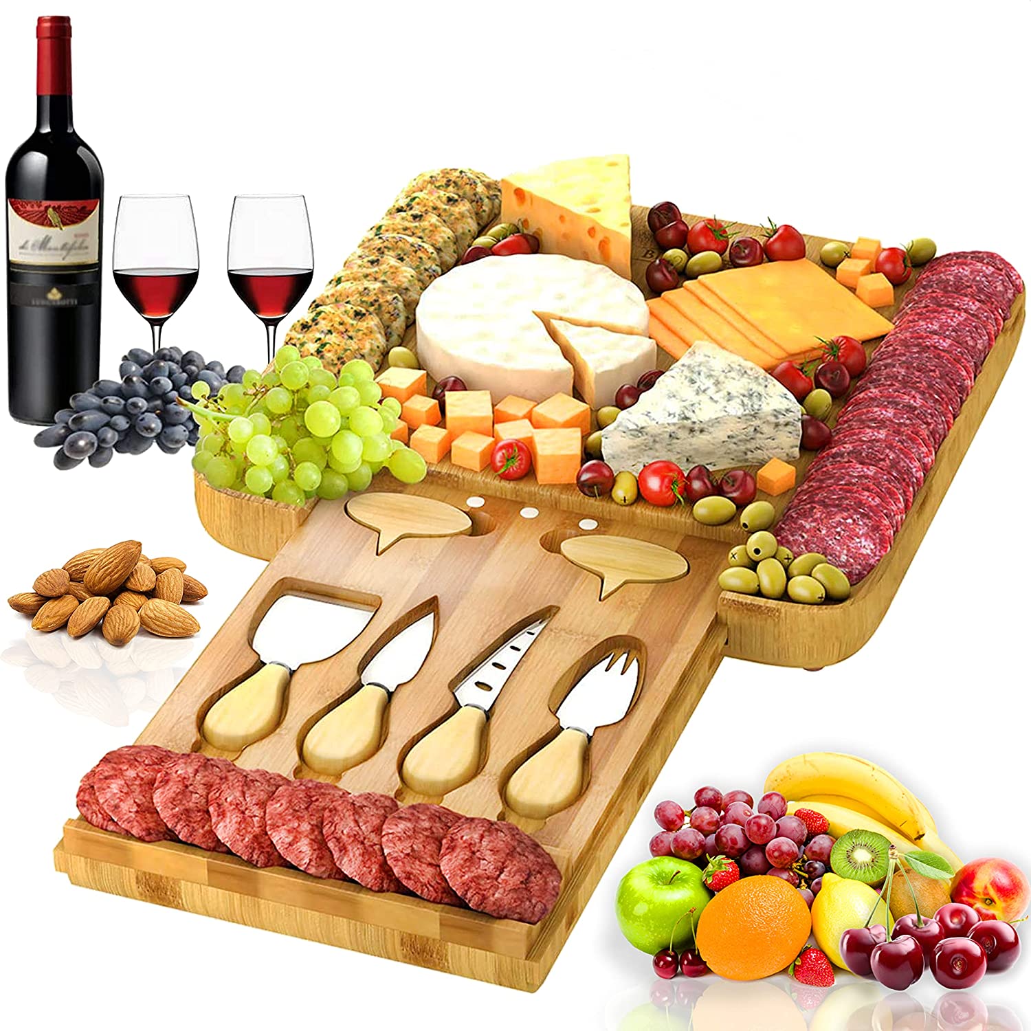 Price:$33.99  Cheese Board and Knife Set with Cheese Markers; Including Gift Packaging & Cheese Pairing Manual, Perfect  Charcuterie Board Set For Housewarming Gift & Cheese Board Set for Gatherings: Cheese Plates