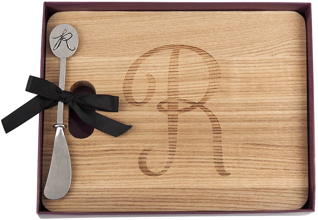 Price:$19.99  Natural Hardwood Fraxinus Mandshurica Foodsafe Cheese Board With Spreader, Initial R: Home & Kitchen