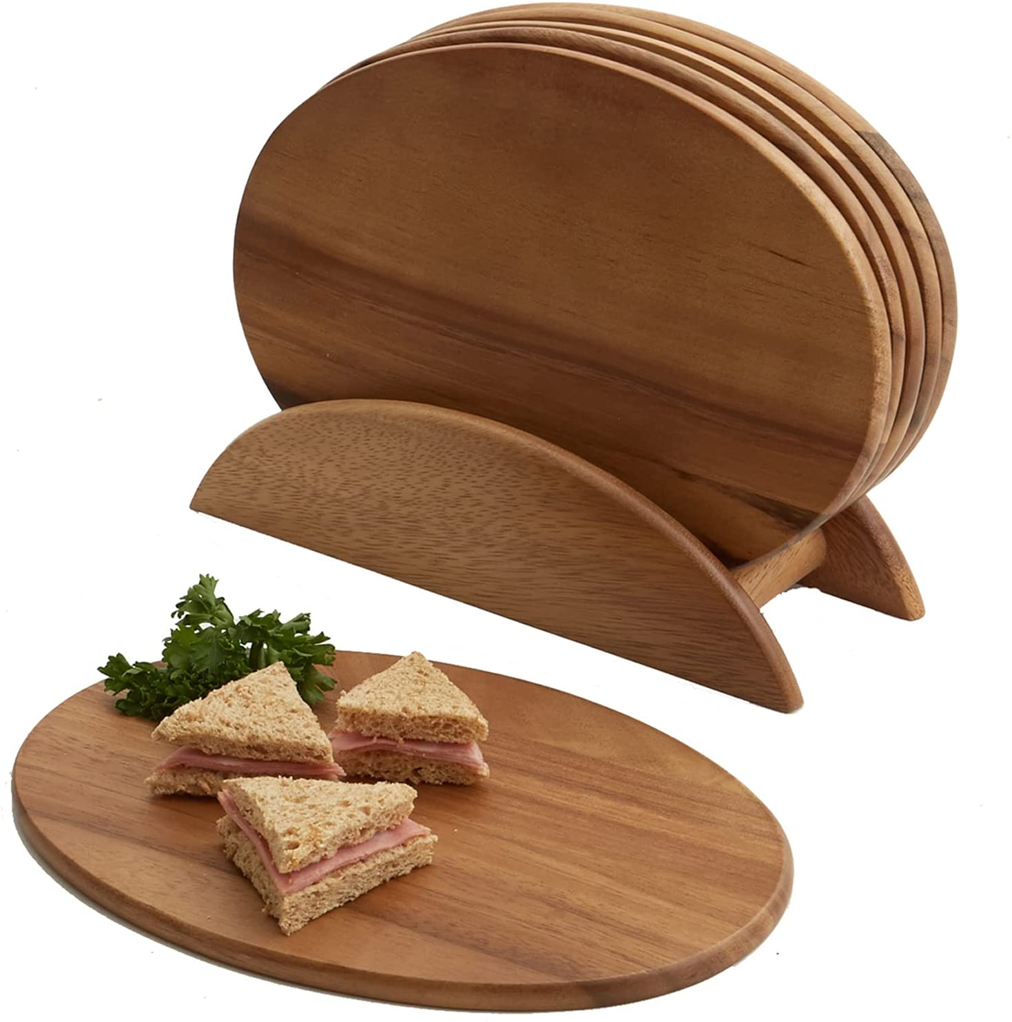 Price:$43.99  Acacia Wood Serving Boards with Stand, Perfect for Serving, Sushi, Cheese, Hors d'oeuvre, Charcuterie, Sandwiches by Woodard & Charles, 7 Piece Set, 9 1/2" x  1/2": Cheese Plates