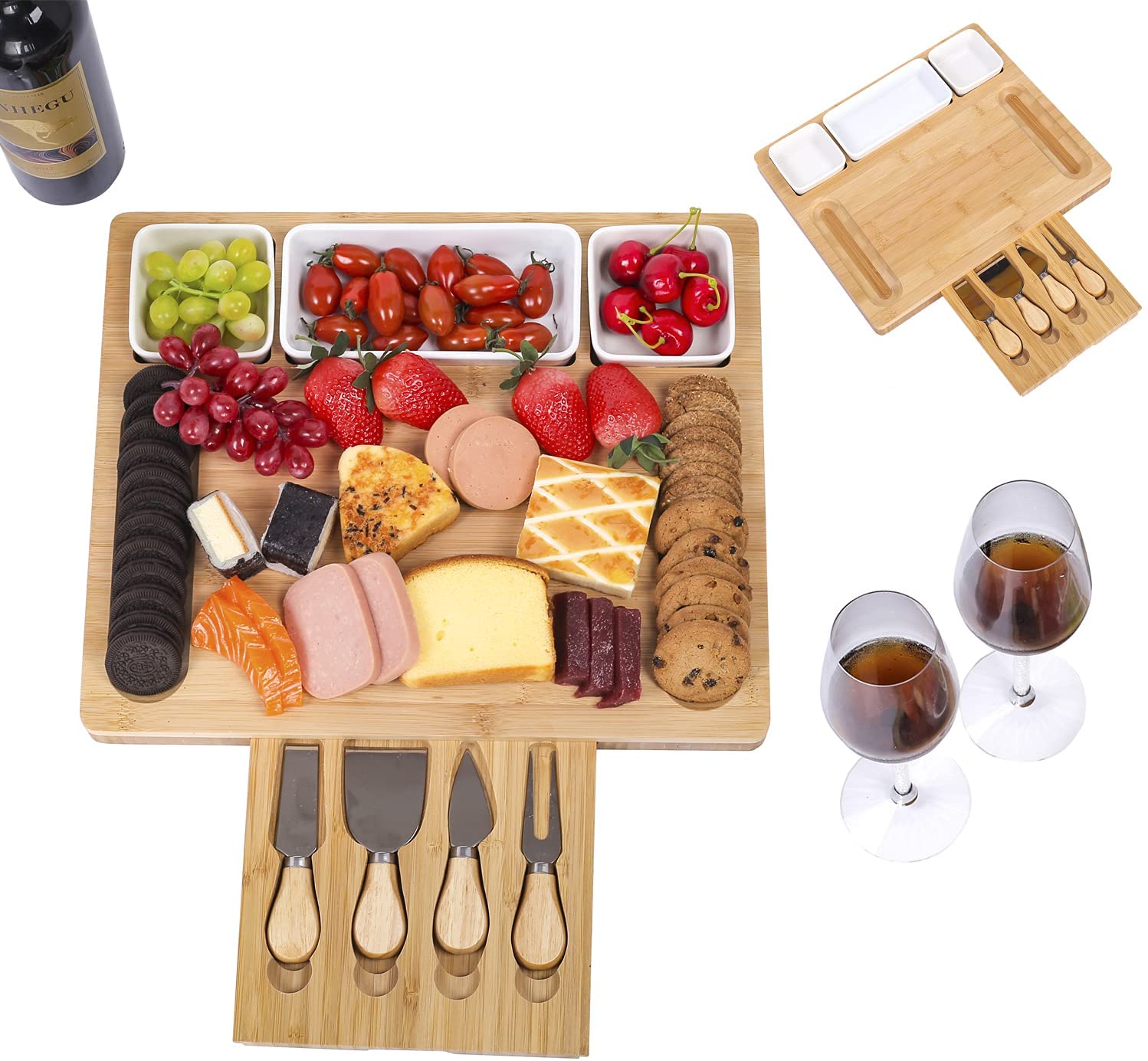 Price:$41.97  Cheese Board Knife Set, Cooked Food Platter and Tray, 3 Ceramic Bowls, 4 Stainless Steel Knives, With Hidden Sliding Drawers, Perfect for Weddings, Housewarmings and Christmas Gifts.: Cheese Plates
