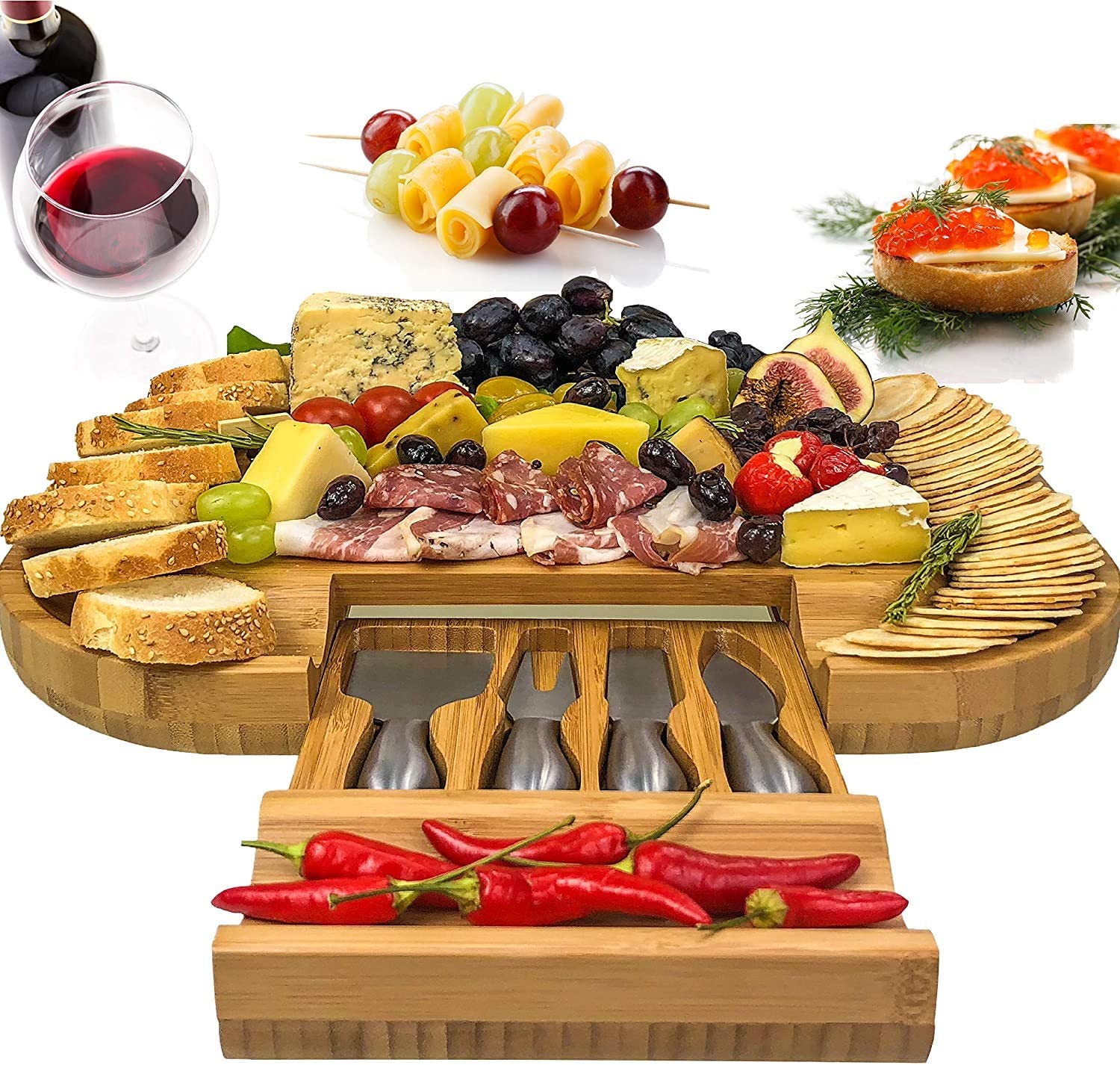 Price:$59.99  Skelf Large Cheese Board and Knife Set - Stylish Charcuterie Board Set, 100% Bamboo Housewarming Gifts New Home, Birthday Gifts for Women, Anniversary gifts, or Wedding Gifts for Couples: Cheese Servers