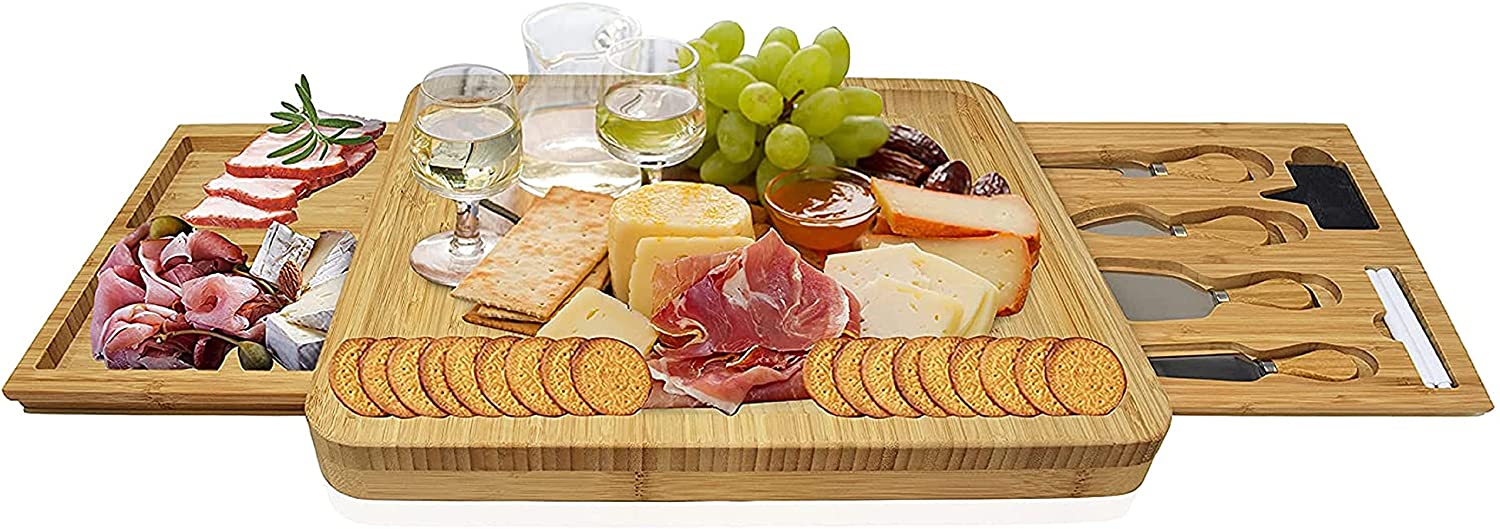 Price:$39.99  House Unique Bamboo Cheese Board and Knife Set , Serving Tray for Crackers, Meat, and Wine ,Wood Charcuterie Platter with Slide-Out Cutlery Drawer , Perfect Wedding and Housewarming Gift: Cheese Plates