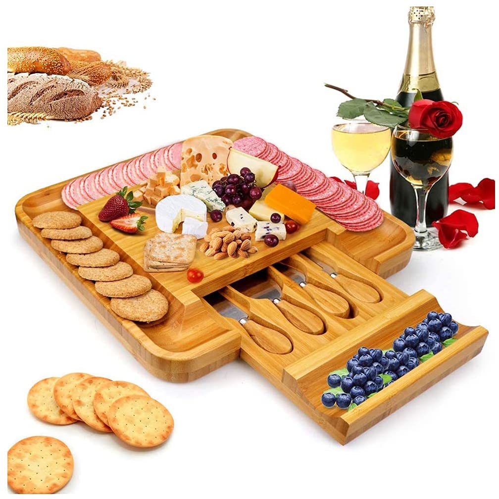 Price:$31.99  Bamboo Cheese Board and Knife Set, Charcuterie Platter and Serving Meat & Cheese Board with Slide-Out Drawer for Cutlery, 4 Stainless Steel Knives and Server Set: Cheese Plates