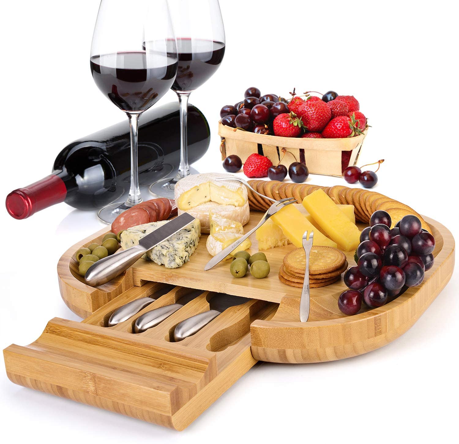 Price:$38.99  ZONE Bamboo Cheese Board Set Cheese Plate Cheese Tray with Integrated Drawer, 4 Stainless Steel Knife and 4 Fork, Perfect Christmas Gifts for Family, Friend or Lover: Cheese Plates
