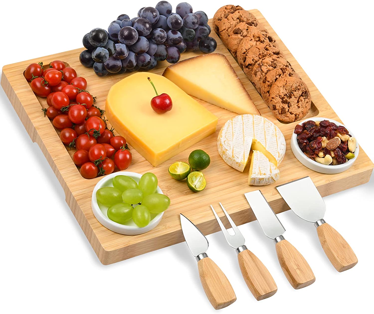 Price:$27.99  Bamboo Cheese Board Set Meat Charcuterie boards Cutting Platter Tray with Knife Set and 2 Ceramic Bowls Ideal Gifts for Housewarming Christmas Thanksgiving Party Birthday Wedding Anniversary: Cheese Plates