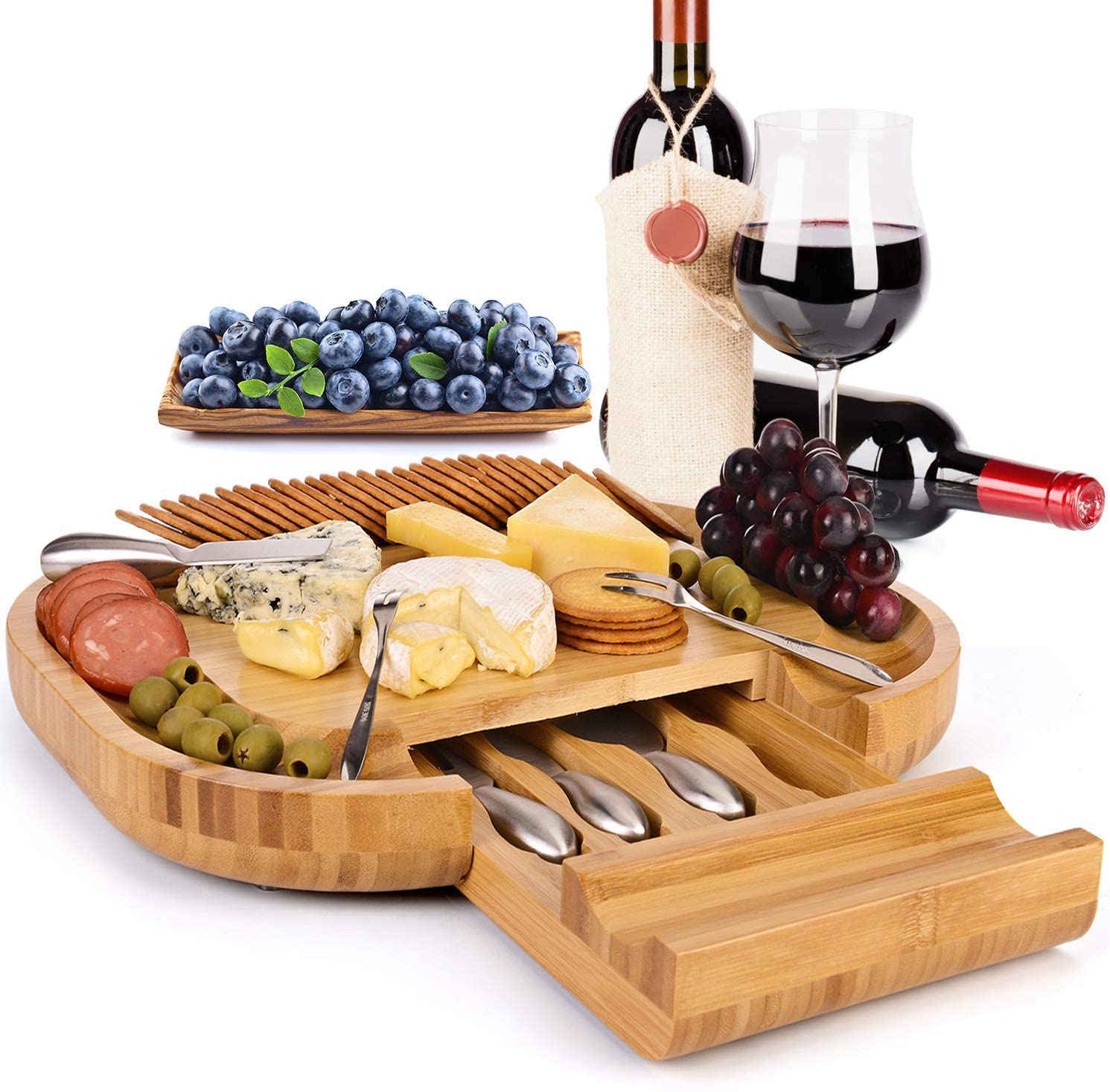 Price:$38.99  Bamboo Cheese Board Set Cheese Plate 16 '' x 13 '' With Integrated Slide-Out Drawer and 4 Specialist Stainless Steel Knife & 4 Stainless Steel Fork Perfect Mother's Day Gift Thanksgiving Gifts: Cheese Plates