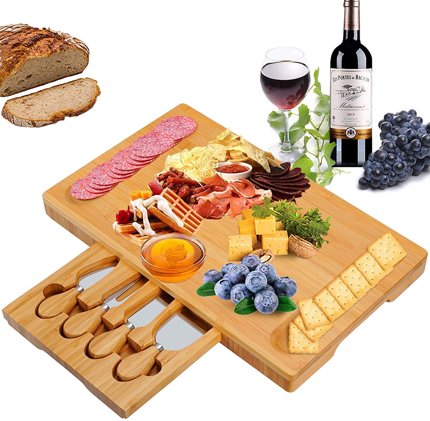 Price:$31.99  Bamboo Cheese Board and Knife Set with Slid-out Drawer - Wood Charcuterie Platter Serving Tray for for Wine, Meat & Crackers, Perfect for Wedding Anniversary Housewarming & Entertaining: Cheese Plates