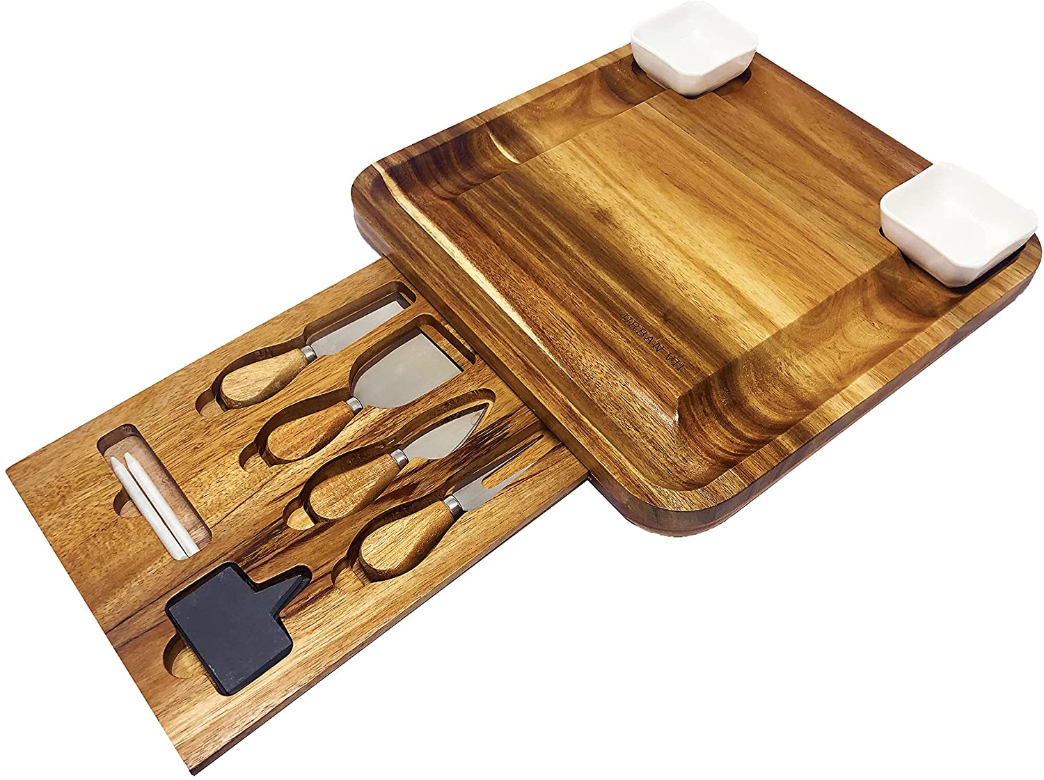 Price:$52.99  VII Cheese Board and Knife Set (13 x 13 x 1.5") - 100% Natural Acacia Wood Charcuterie Board Set with 2 Ceramic Bowls, 4 Cheese Knives, Cheese Labels - Birthday, Wedding, or Housewarming Gift: Cheese Plates