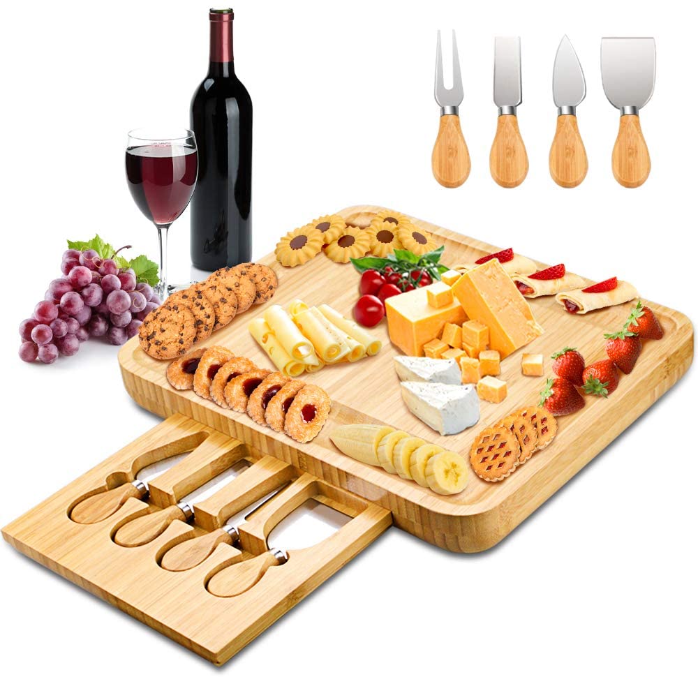 Price:$32.99  Cheese Board and Knife Set,Bamboo Charcuterie Boards Platter Serving Tray for Housewarming Party Birthday Wedding Gifts: Cheese Plates