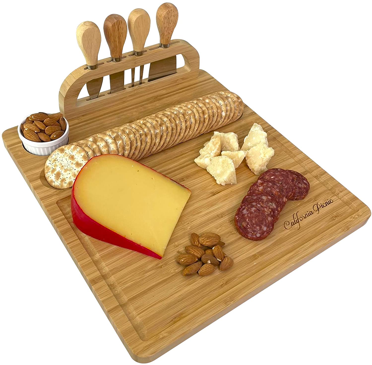 Price:$19.97  Board and Knife Set | Wine Board | Organic Bamboo Wood Charcuterie Platter Serving Board  Tray with Cutlery | Perfect for Birthday, Housewarming & Wedding Gifts:  Plates