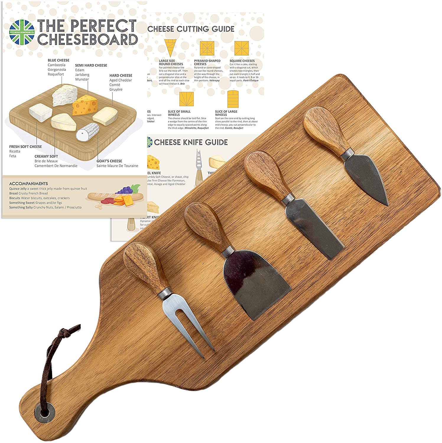 Price:$29.99  Acacia Cheese Board Wooden Cheese Serving Platter With Matching Acacia Wood Cheese Knife Set By Cotswold Homeware Co. PLUS FREE Exclusive Cheese Board Guide: Cheese Plates