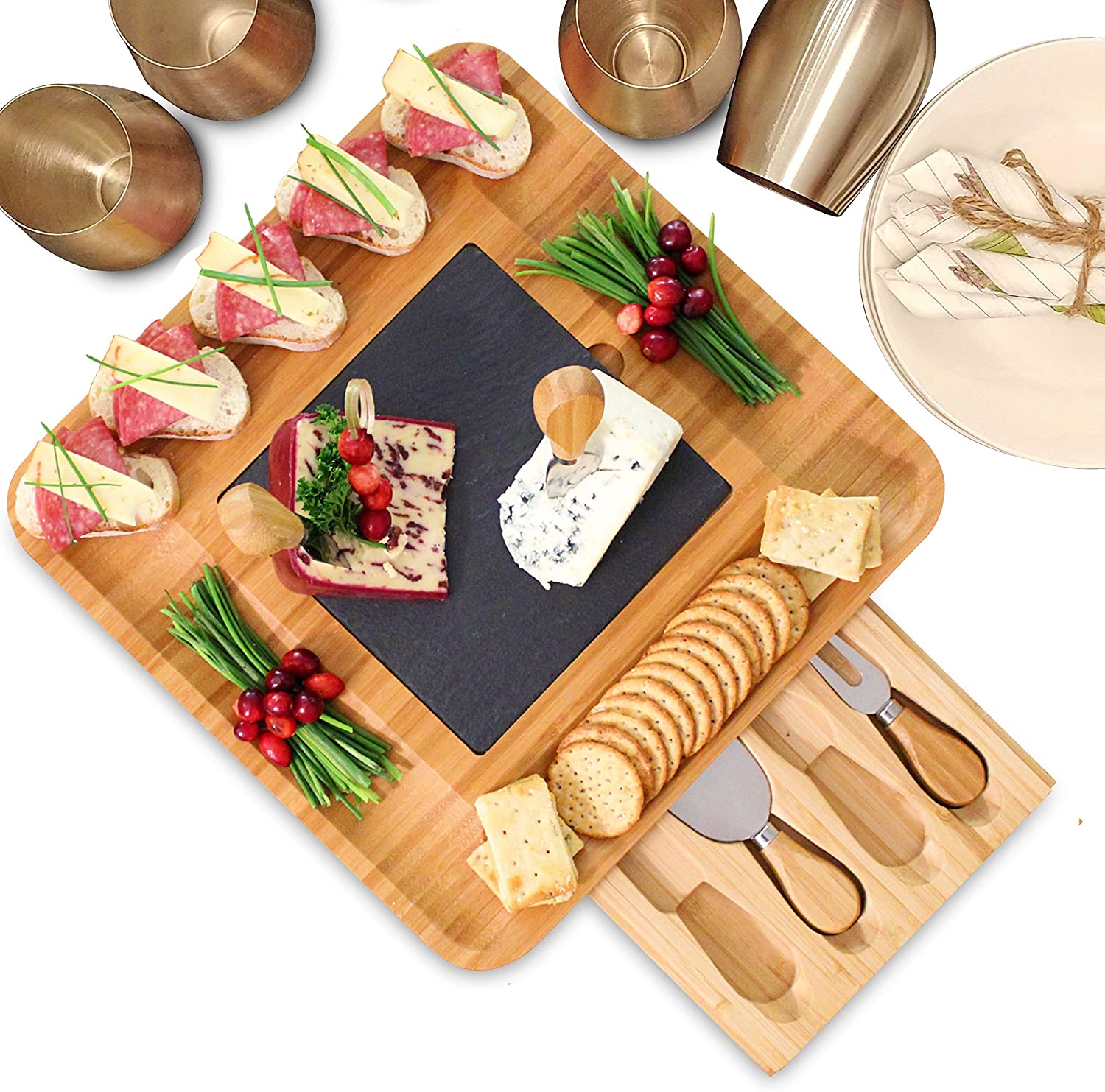Price:$39.99  Bamboo Wood Cheese Board and Knife Set, Charcuterie Board Platter, Slate Cheese Plate & Slide-Out Drawer with 4-Piece Stainless Steel Cutlery Set: Cheese Plates