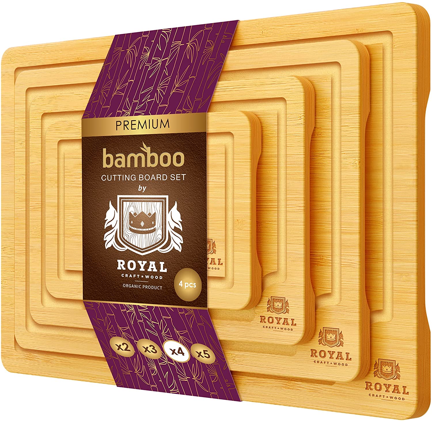 Price:$32.27  Bamboo Cutting Board with Juice Groove - Kitchen Chopping Board for Meat (Butcher Block) Cheese and Vegetables | Serving Tray w/Handles (4-Pieces) : Grocery & Gourmet Food