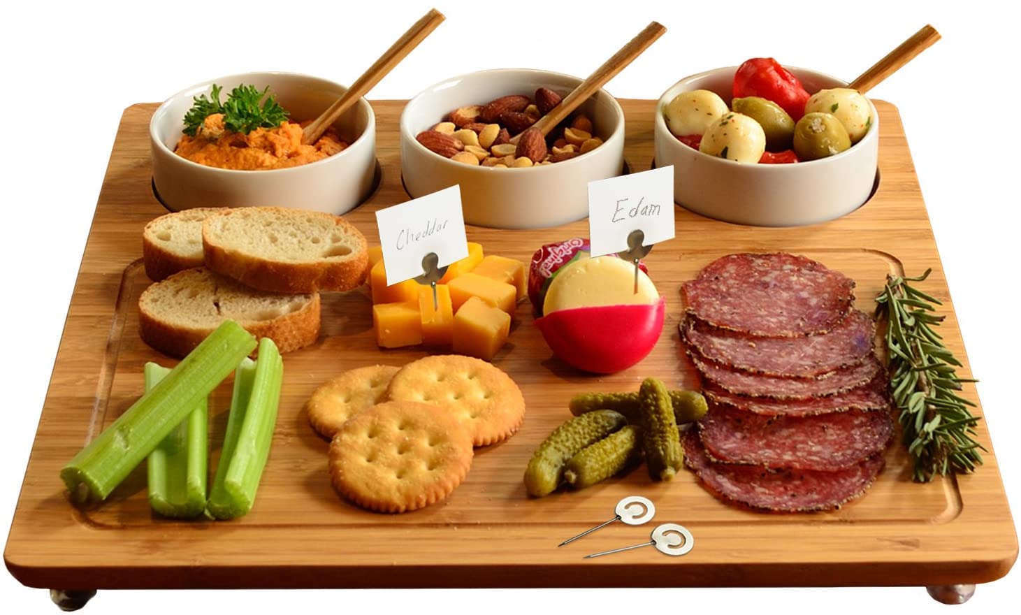 Price:$49.95  at Ascot Bamboo Cheese Board/Charcuterie Platter - Includes 3 Ceramic Bowls with Bamboo Spoons & Cheese Markers -13"x 13"- Designed and Quality Checked in the USA: Cheese Plates