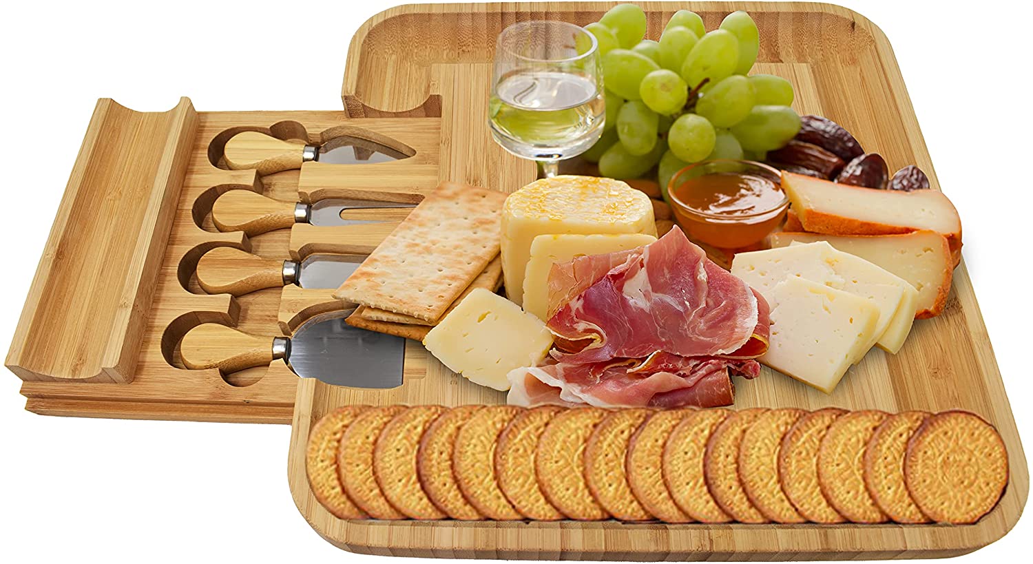 Price:$29.99  HOUSE Unique Bamboo Cheese Board and Knife Set -Serving Tray for Crackers, Meat, and Wine - Wood Charcuterie Platter with Slide-Out Cutlery Drawer -Perfect Wedding and Housewarming Gift.: Cheese Plates
