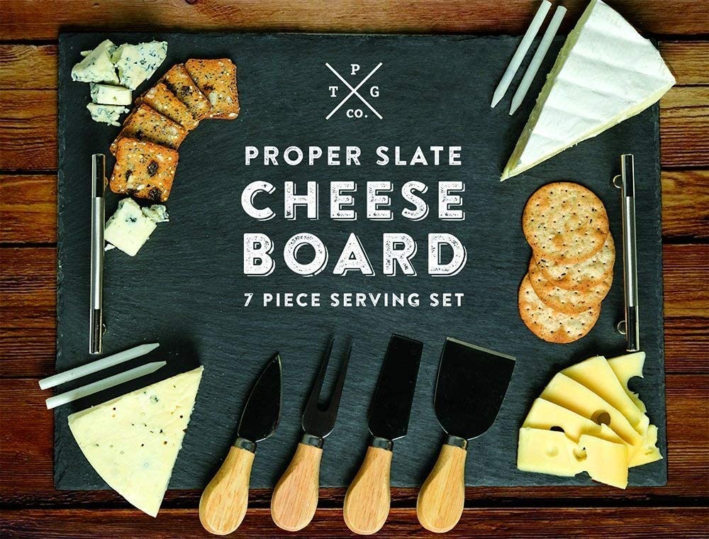 Price:$24.99  Cheese Board - 7 pc Serving Tray Set 16"x12" Large - Stainless Steel Handles - Soapstone Chalk - 4 Cheese Knives - Foam Protective Feet by Proper Goods: Cheese Plates