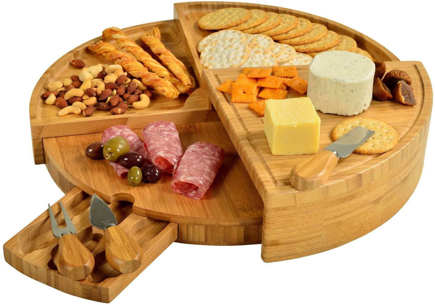 Price:$75.00  at Ascot Patented Bamboo Cheese/Charcuterie Board with Knife Set-Stores as a Compact Wedge-Opens to 18" Diameter-Designed & Quality Checked in USA: Cheese Plates