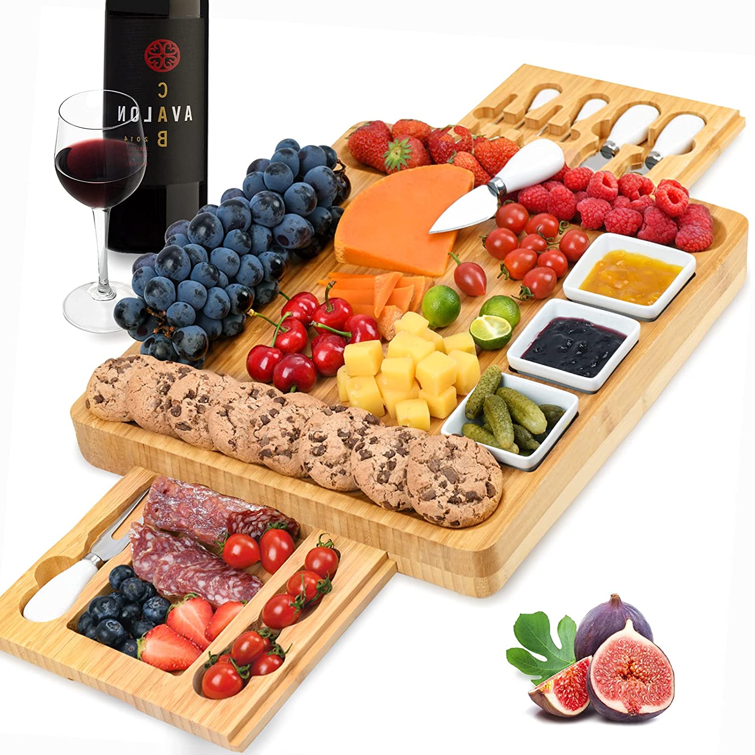 Price:$54.99  Board and Knife Set, Bamboo Charcuterie Boards Large Extra Meat Charcuttery Platter Serving Tray for Housewarming Thanksgiving Personalized Holiday Christmas Birthday Wedding Party Gifts Ideas:  Plates