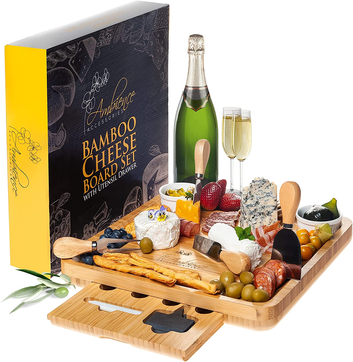 Price:$34.99  Board Set - Bamboo Cheese Board Set With Slide-Out Knife Tray And Cheeseboard Accessories - The Ideal Housewarming Gift - With Unique, Easy-Clean, Sealed Wooden Serving Platter: Cheese Servers