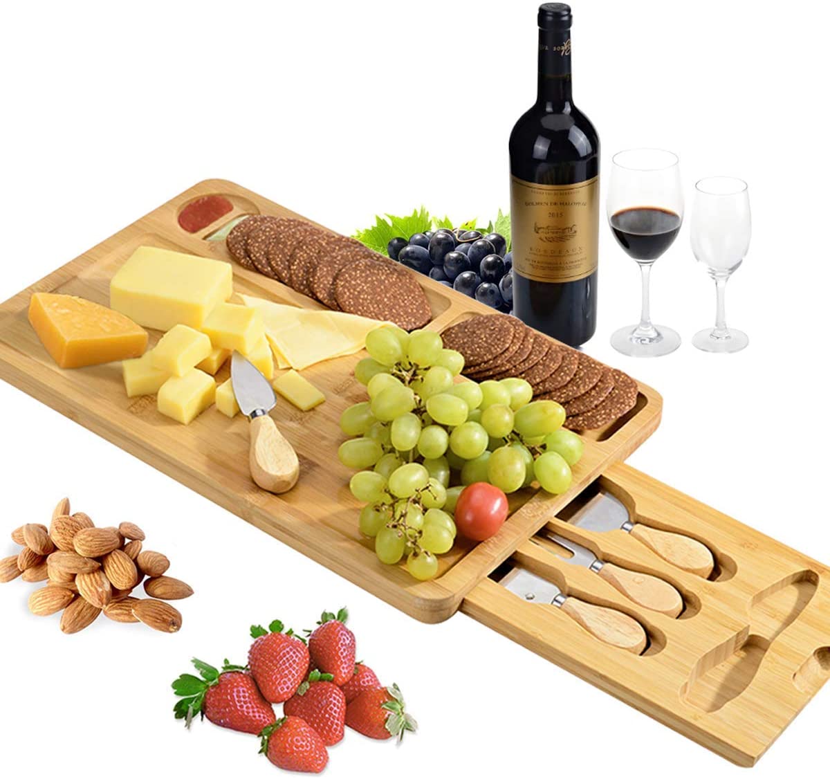 Price:$28.69  Bamboo Cheese Board and Knife Set for Kitchen, Serving Platter Cutlery and Tray & Hidden Cutlery Drawer, 3 Compartments and 4 Cheese Knife, Best Choice for Party Wedding (15.7" x 9.8" x 1.2"): Home & Kitchen