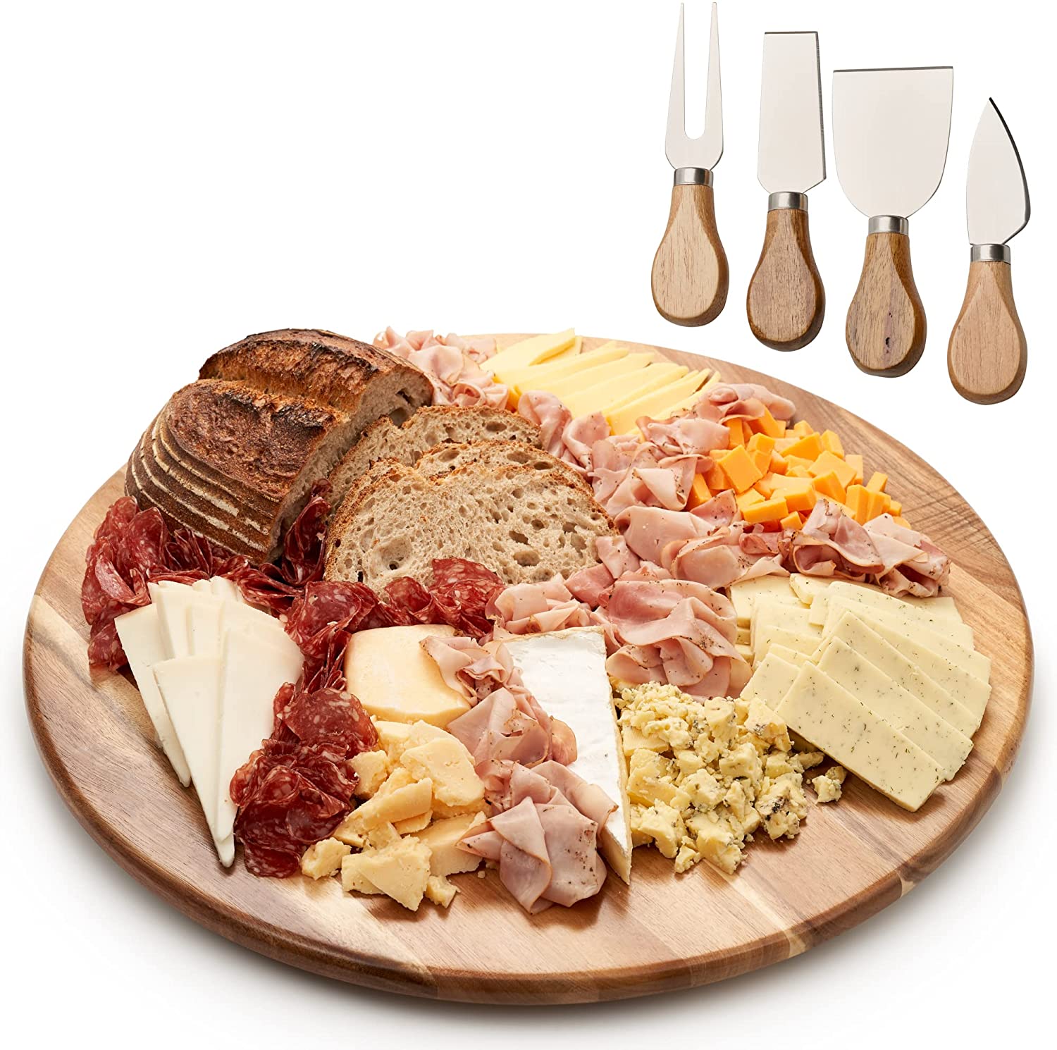 Price:$26.99  - Beautiful 21" Charcuterie/Cheese Board with Cutlery Set - The Perfect Lazy Susan Turntable for Your Gatherings - Solid Acacia Wood Serving Board Spins Smoothly to Enjoy Convenient Dining -