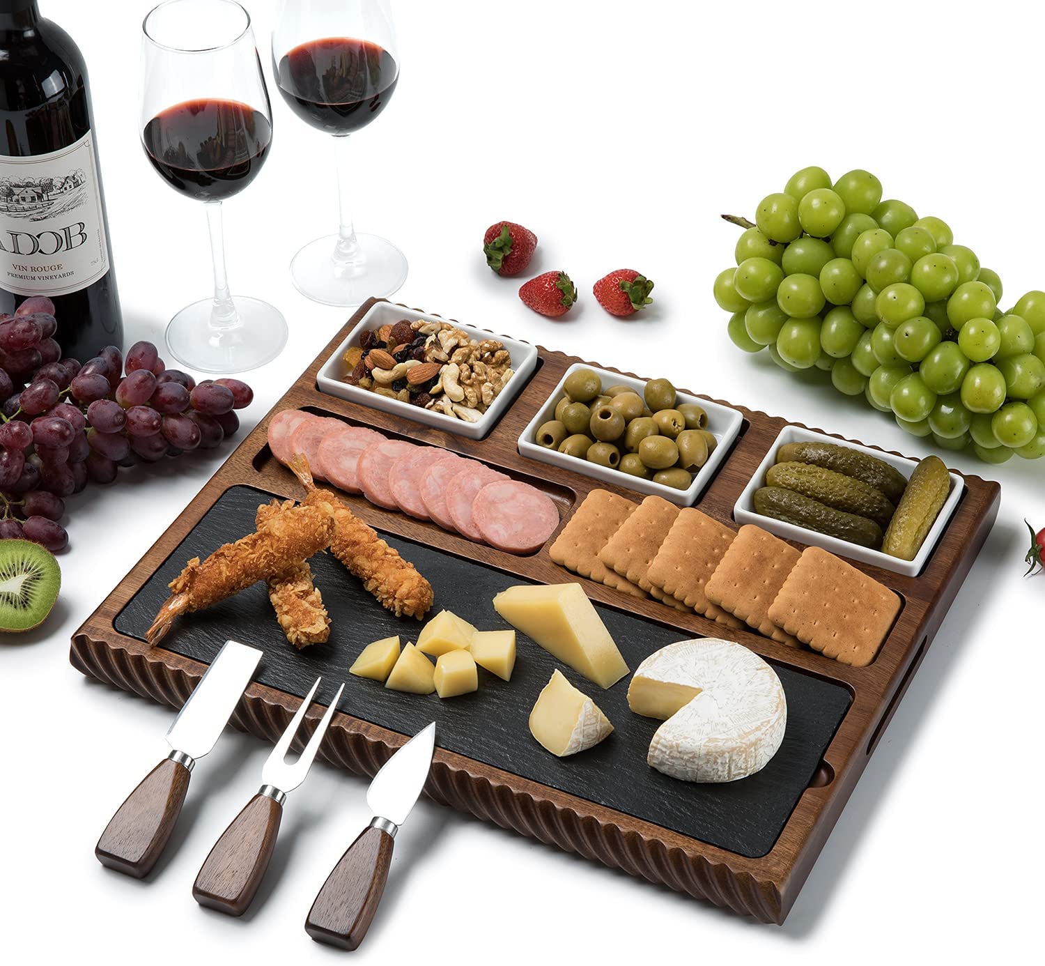 Price:$69.99  Cheese Board with Black Slate Blade and 3 Stainless Steel Cutlery Set, Acacia Wood Charcuterie Board and Cheese Serving Platter, Unique Handcrafted Design with 3 Ceramic Bowls: Cheese Plates