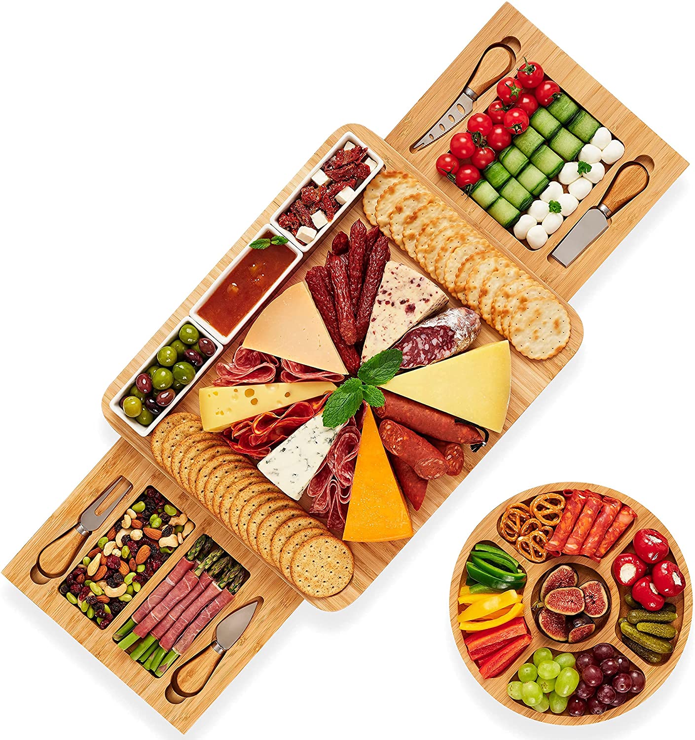 Price:$58.97  Charcuterie Cheese Board, Bowls & Knife Set, Extra Large Bamboo Platter - Wooden Tray & Plate for Serving Cheese, Wine, Meat, Appetizers - for Parties, Wedding, Housewarming, Birthday Gift: Cheese Plates