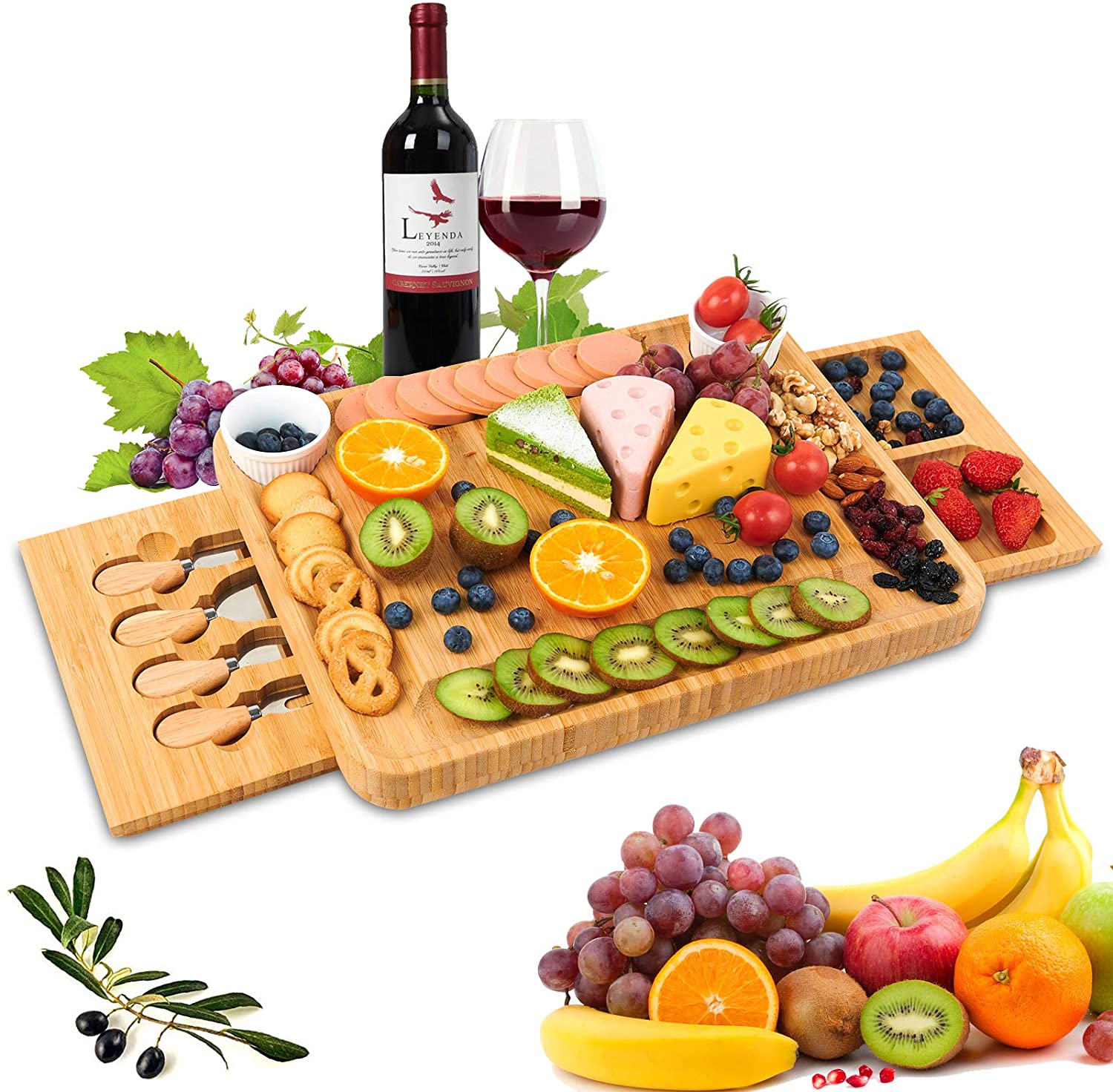 Price:$45.99  Board and Knife Set,  Serving Platter with Drawer, Charcuterie Board Set, Bamboo  Board with Cutlery Set, Perfect for Housewarming Gift, Thanksgiving, Wedding, Birthday:  Plates