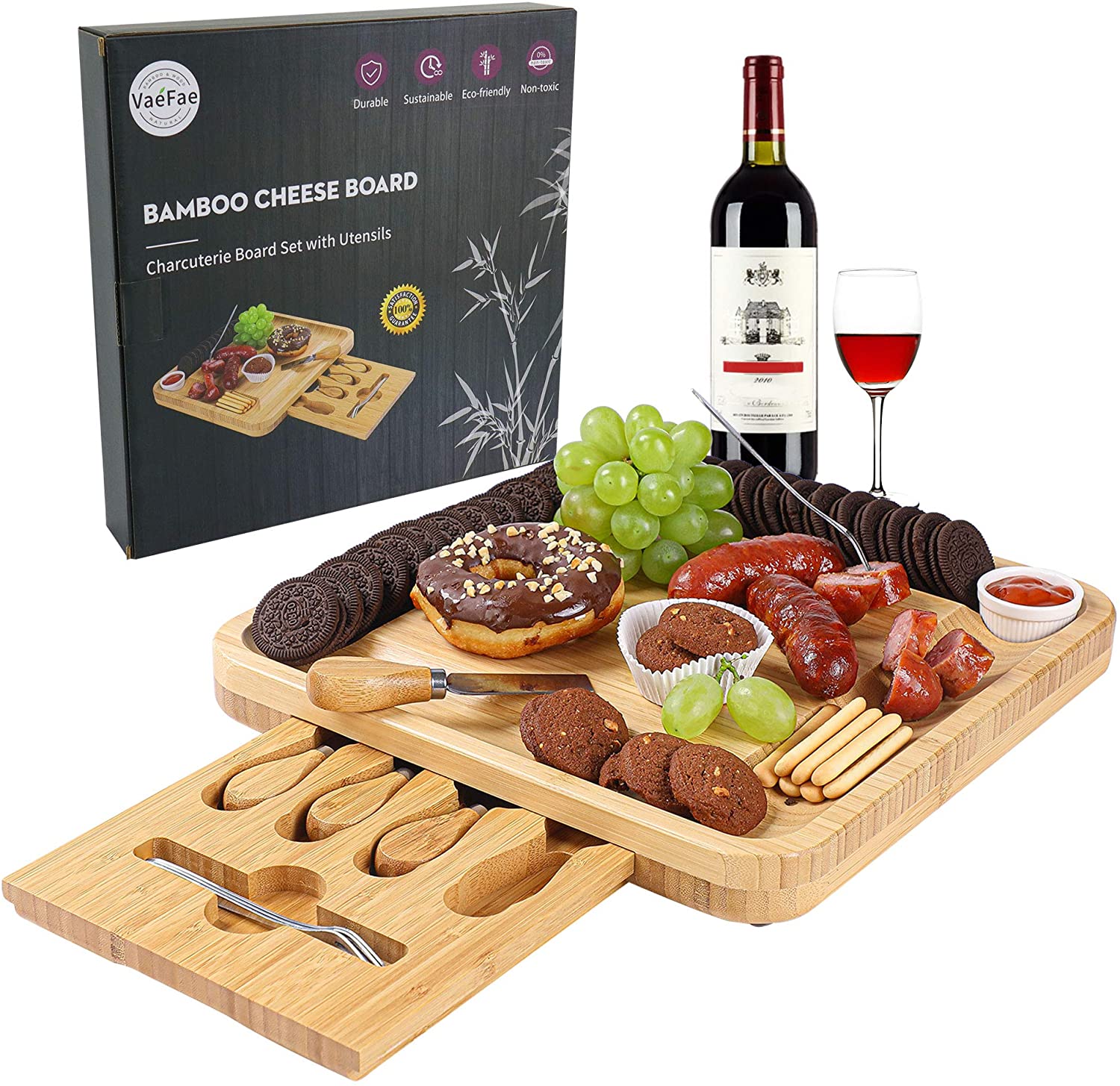 Price:$37.96  Board and Knife Set, Bamboo Charcuterie Board with Magnetic Slide-Out Drawer and 2 Ceramic Bowls:  Plates