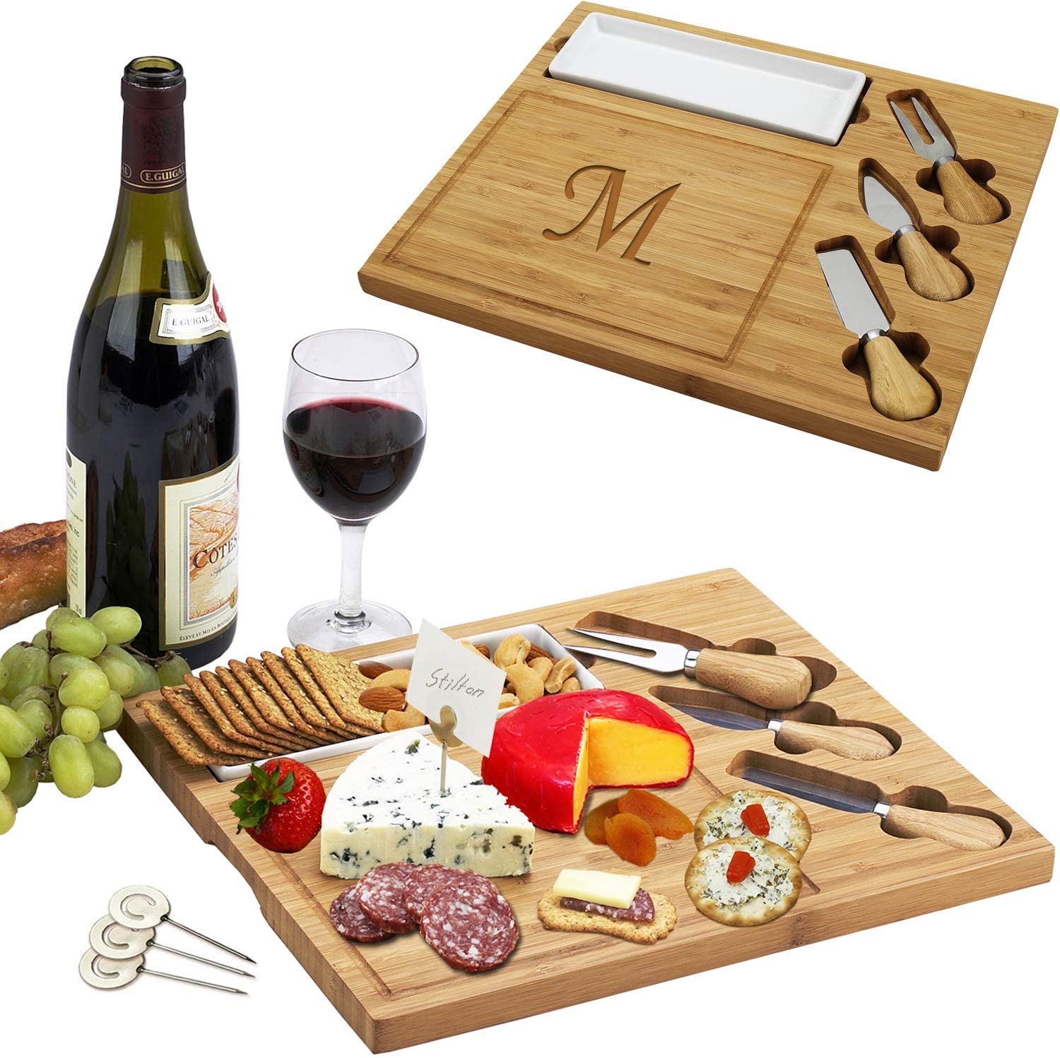 Price:$35.00  at Ascot Personalized Monogrammed Engraved Bamboo Cutting Board for Cheese & Charcuterie Platter- includes Knives, Ceramic Dish, & Cheese Markers - Designed and Quality Checked in USA : Everything Else